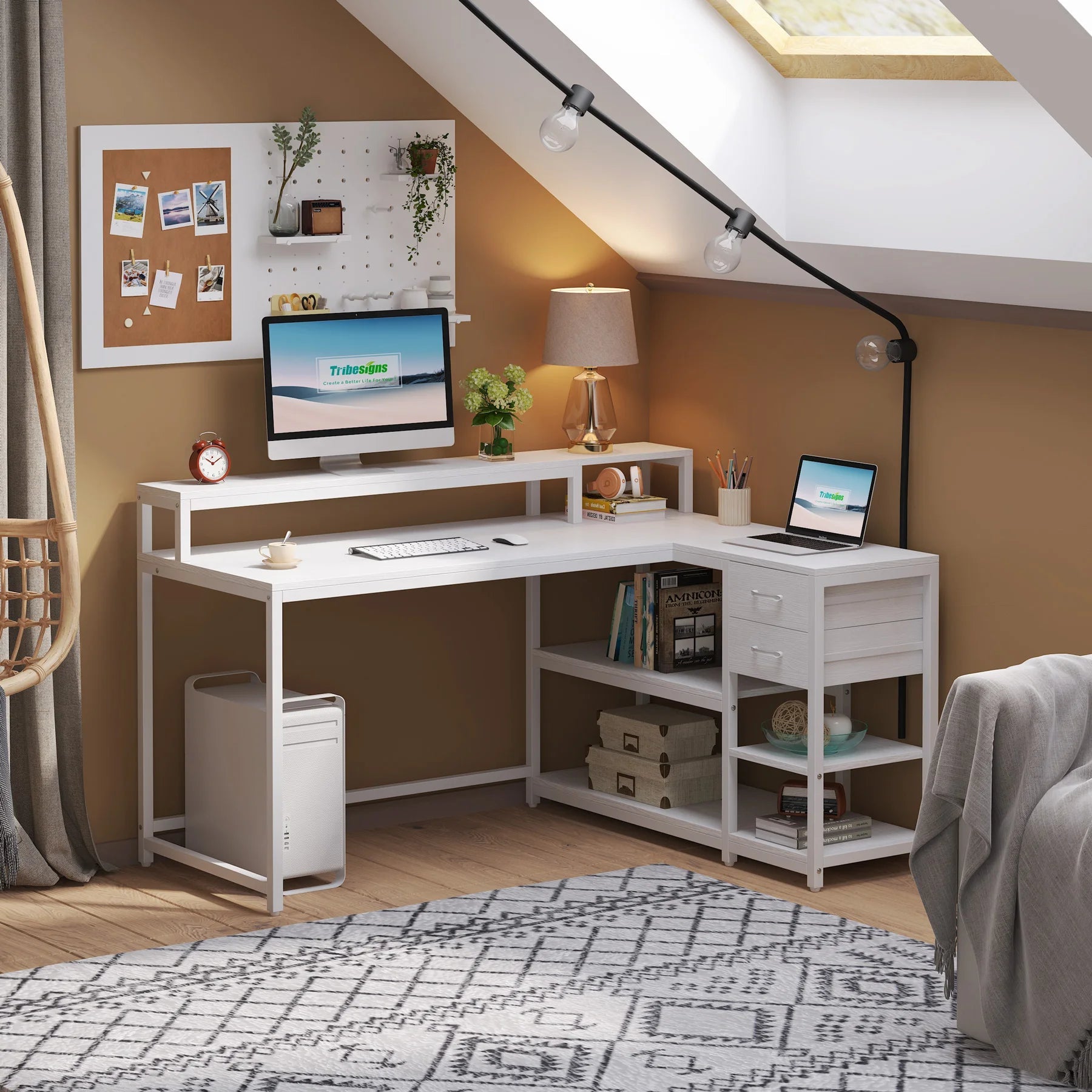 Tribesigns Reversible L Shaped Desk with Drawer, Industrial Corner Desk Home Office Table with Shelves and Monitor Stand - Home Fusion