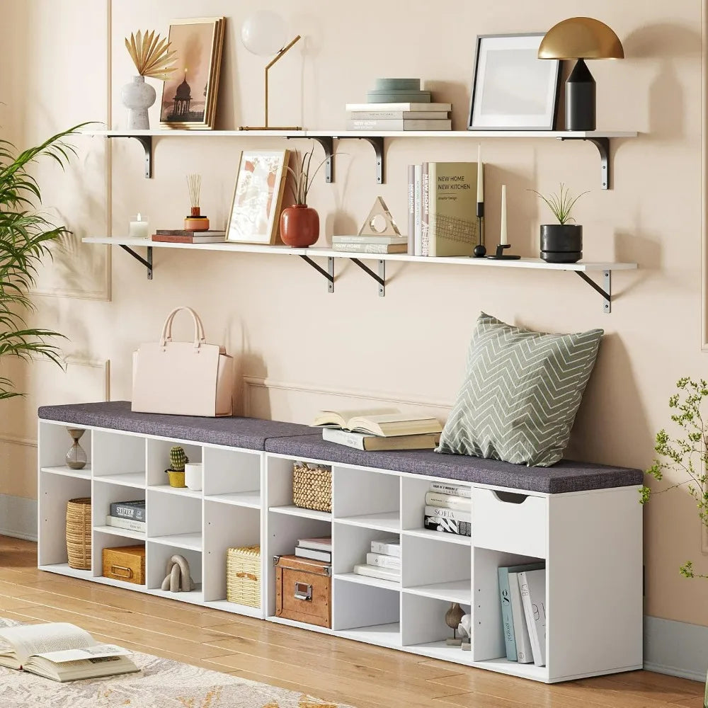 Shoe Storage Bench with Cushion, Cubby Shoe Rack with 12 Cubbies, Adjustable Shelves, Multifunctional Shoe Organizer Bench - Home Fusion