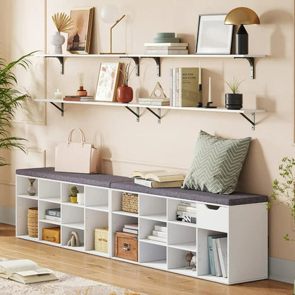 Shoe Storage Bench with Cushion, Cubby Shoe Rack with 12 Cubbies, Adjustable Shelves, Multifunctional Shoe Organizer Bench - Home Fusion