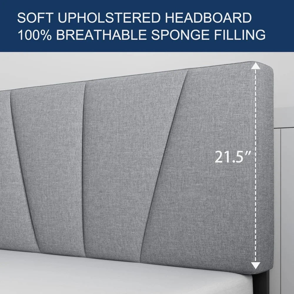 Full Size Bed Frame with Upholstered Headboard, Linen Fabric Wrap, Wooden Slats Support, Solid and Stable, No Box Spring Needed Home Fusion