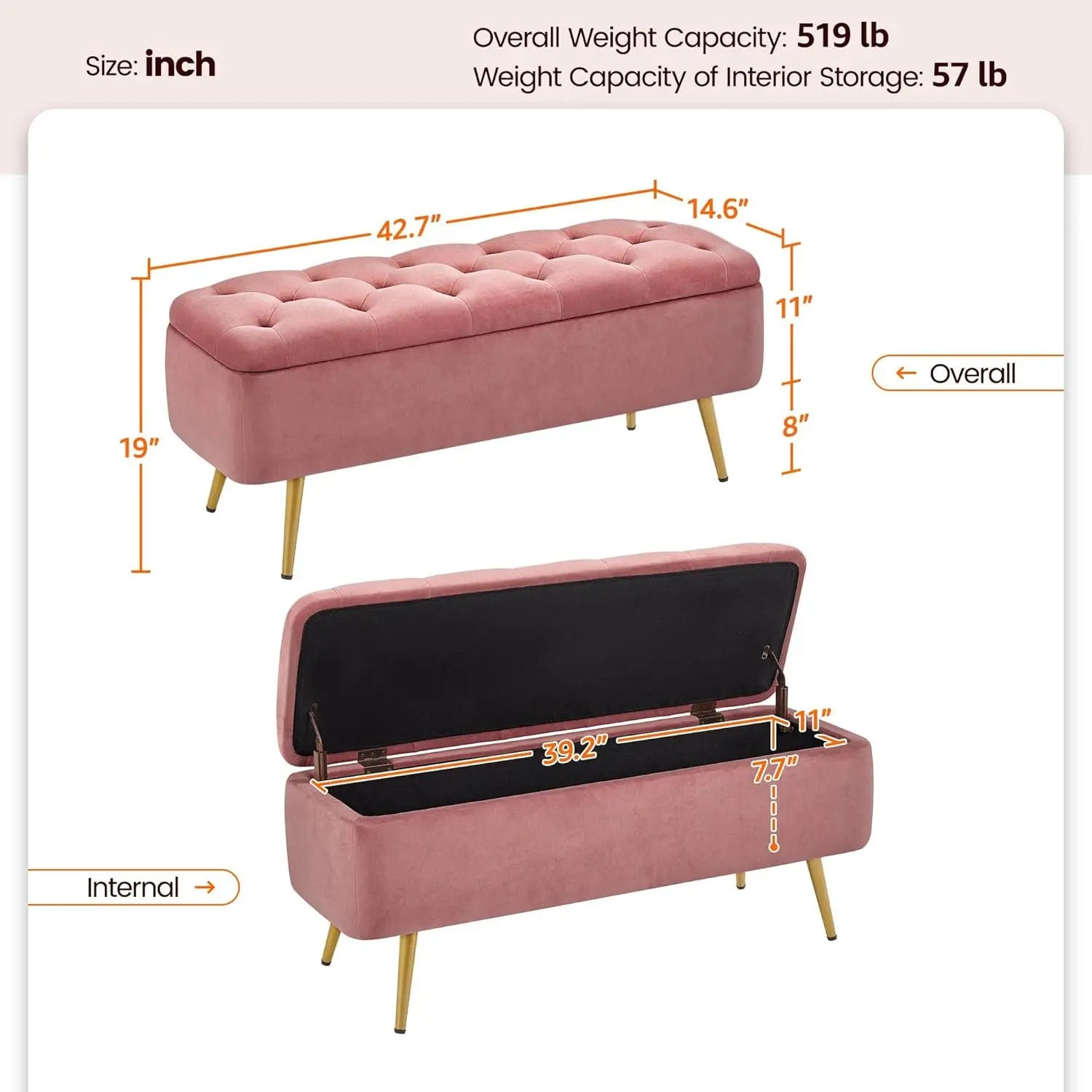 Yaheetech Ottoman 42 In Storage Bench with Storage Folding Polyester Boucle Bench Foot Stool Bench Hinged Stool Footstool - Home Fusion