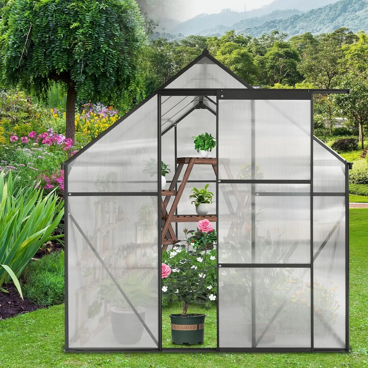 6x8Walk-in  Greenhouse, Weatherproof Aluminum Hot House w/ Raised Base and Sliding Door & Vent for Outdoor Backyard, Black Home Fusion