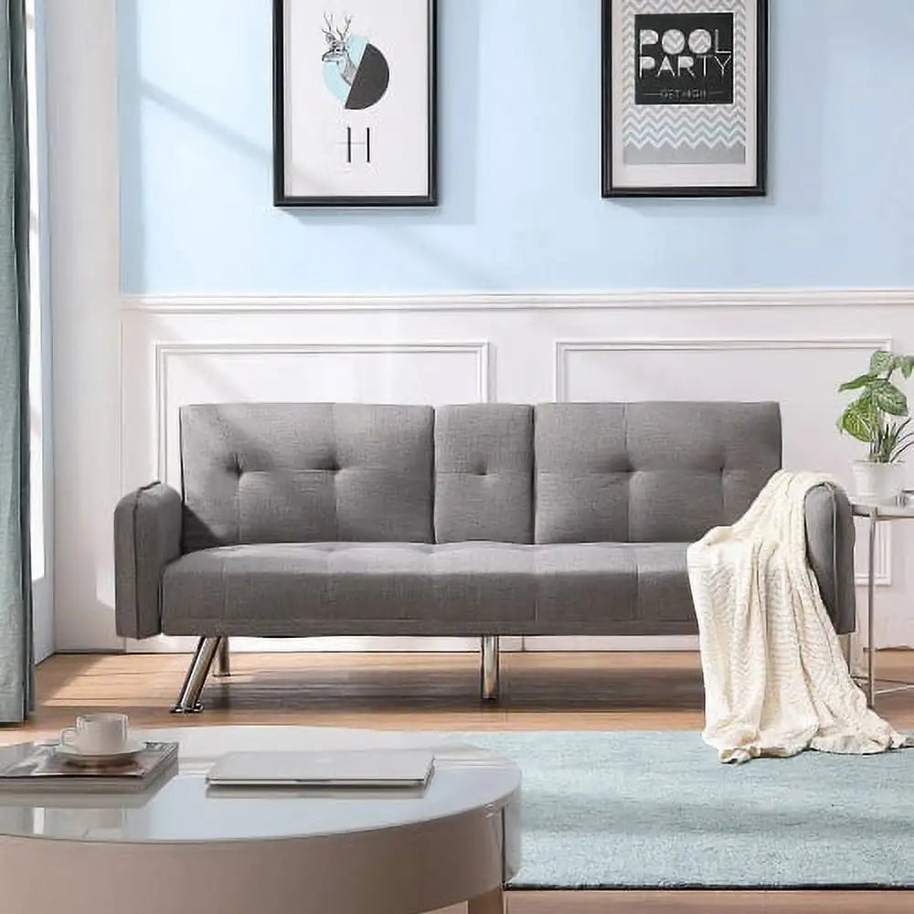 ertible Folding Futon Sofa with Cupholders and Metal Legs for LModern Futon Sofa Bed Linen Upholstered Sofa Couch Coviving Room - Home Fusion
