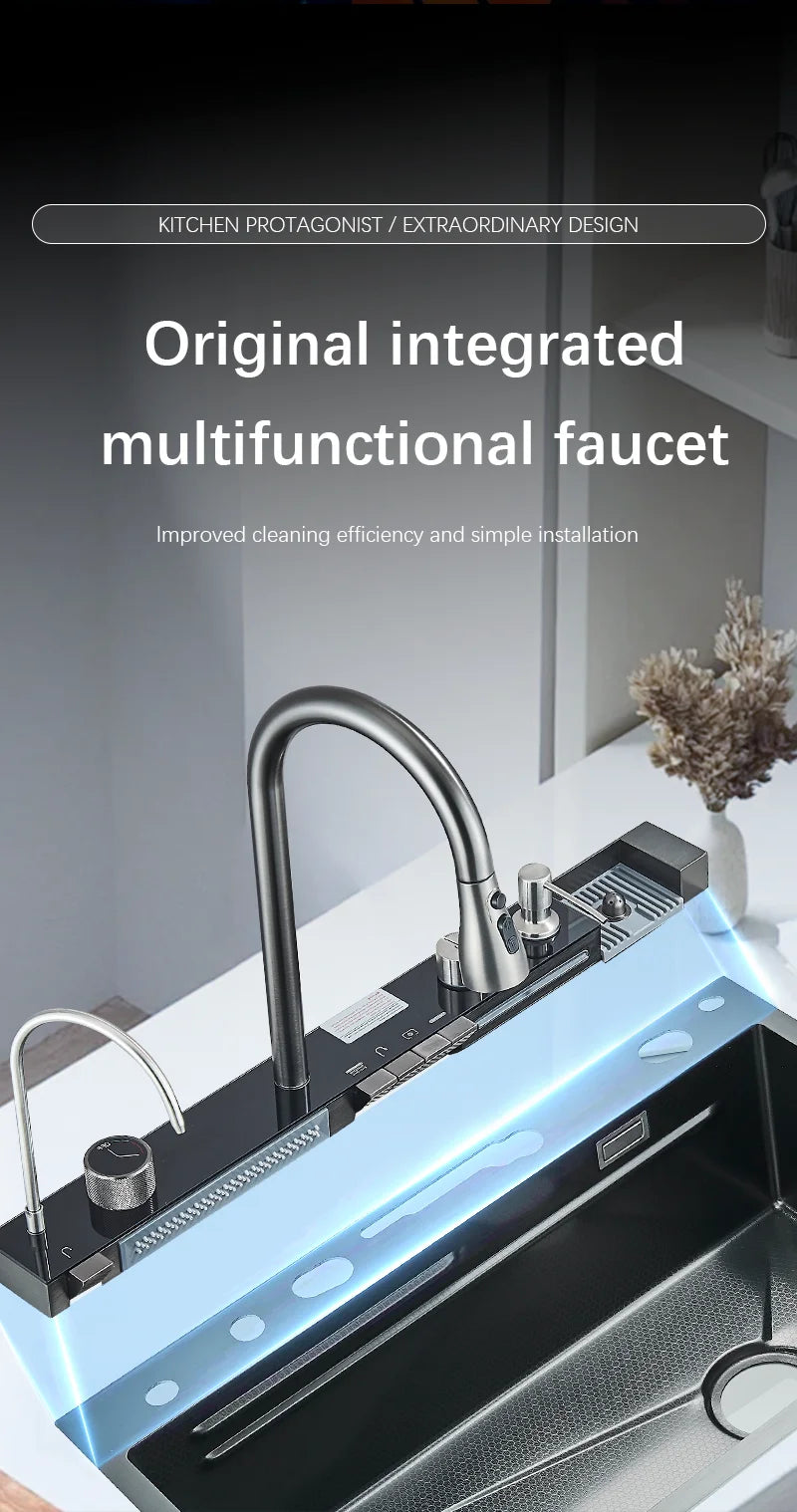 304 Stainless Steel Waterfall Kitchen Sink Large Single Slot Integrated Digital Display Faucet Set Soap Dispenser Cup Washer Home Fusion