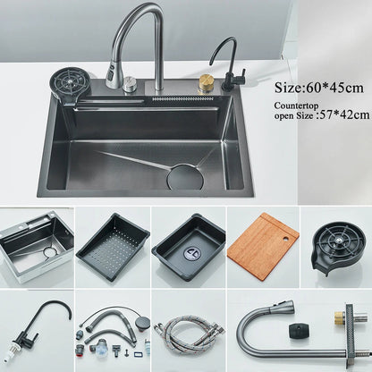 304 Stainless Steel Waterfall Kitchen Sink Large Single Slot Integrated Digital Display Faucet Set Soap Dispenser Cup Washer Home Fusion