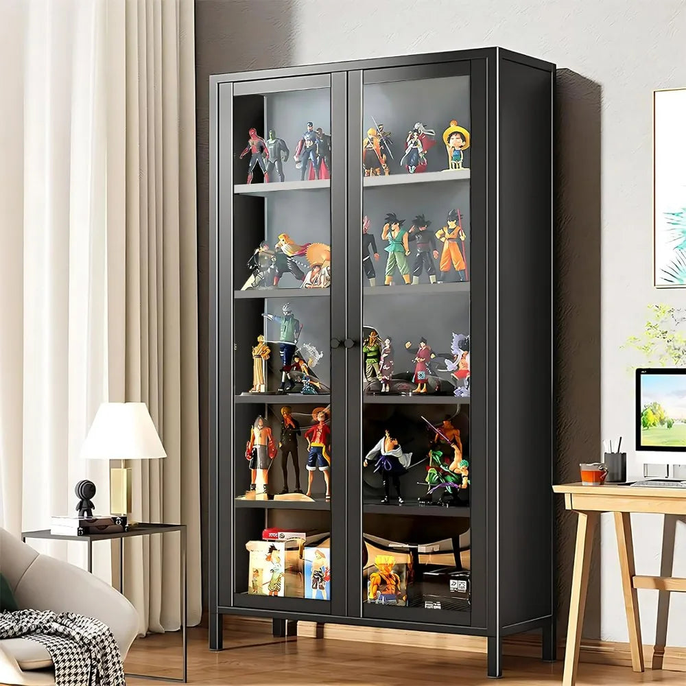67" Display Cabinet, 6 Tier Curio Display Cabinet with Tempered Glass Door and Adjustable Shelves Storage Cabinets - Home Fusion