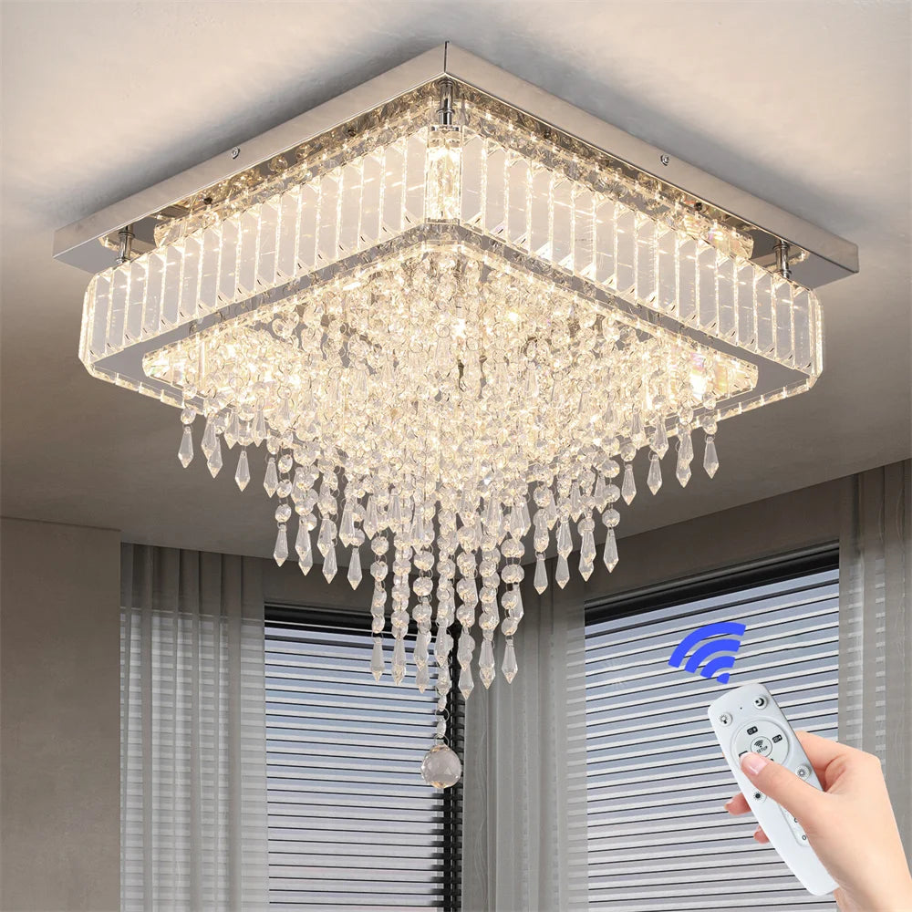 Luxury Crystal Square Bright Led Chandelier Modern Pendant Light Ceiling Lamp Dimmable Flush Mount Bedroom Dinning Living Room Home Fusion