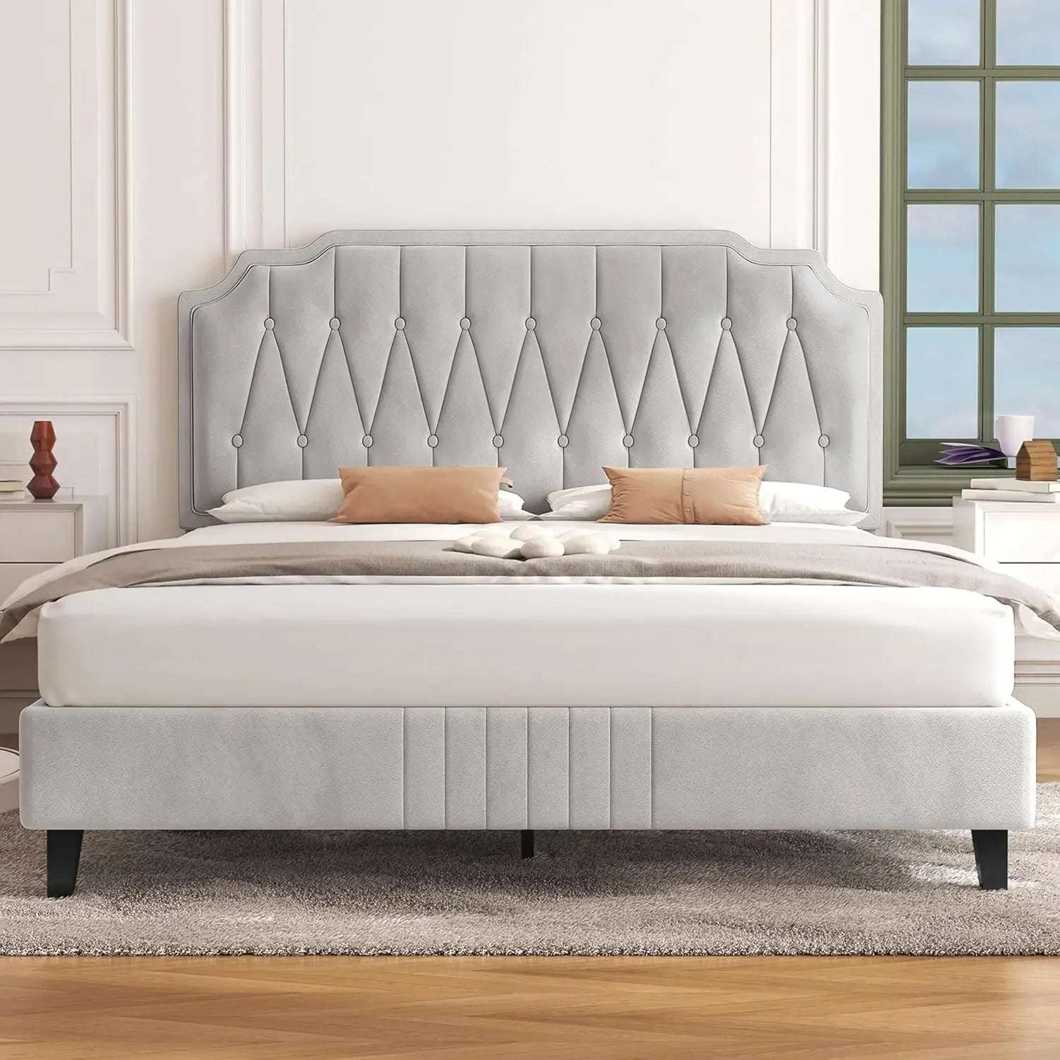 Velvet Upholstered Platform Bed with Curved Headboard. - Home Fusion