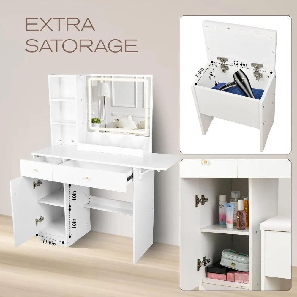 Dressing table with lights and mirrors,2drawers and a storage stool,3 lighting modes,for bedroom and bathroom use15.7Dx44Wx55.1H Home Fusion Dressing table with lights and mirrors,2drawers and a storage stool,3 lighting modes,for bedroom and bathroom use15.7Dx44Wx55.1H 076823-f9.myshopify.com