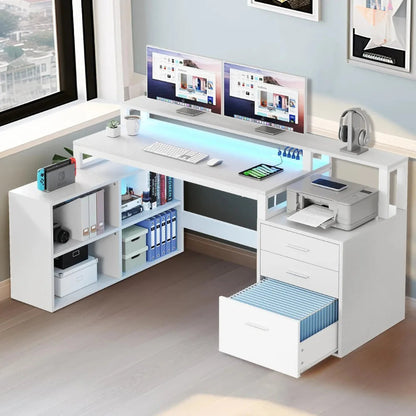 Office Furniture Desk Sets ,65" L Shaped Desk With Power Outlets And Monitor Stand , Computer Desk With LED Light &File Cabinet - Home Fusion