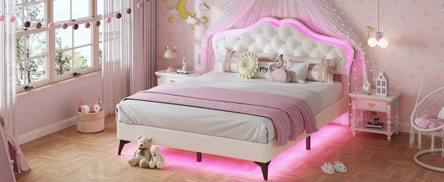 Queen Size Upholstered Bed Frame with LED Lights, Adjustable Headboard with Crystal Button, Solid Wood Slats Support, Beige Home Fusion