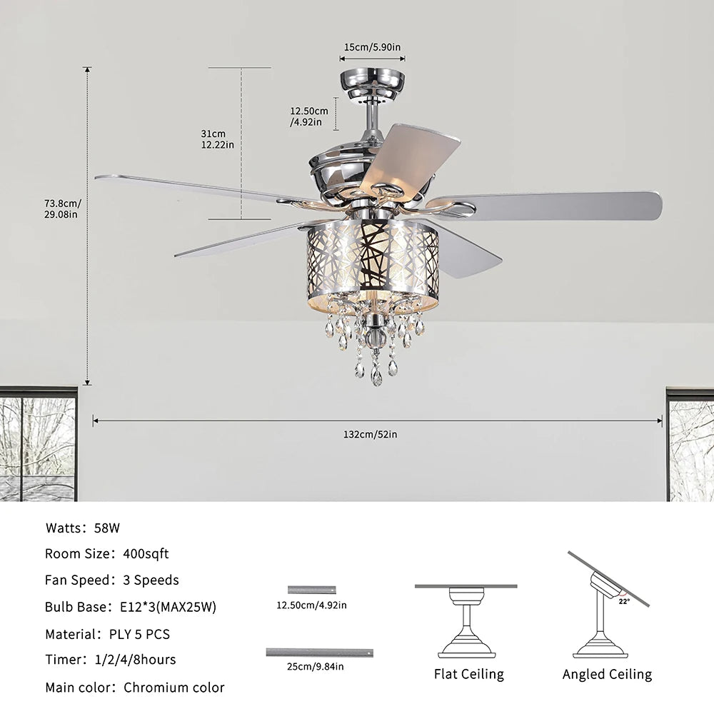 Elegant Metal 52-inch Ceiling Fan (Optional Remote&2 Color Option Blades) or Bedroom, Living Room, Dining Room--Chrome - Home Fusion