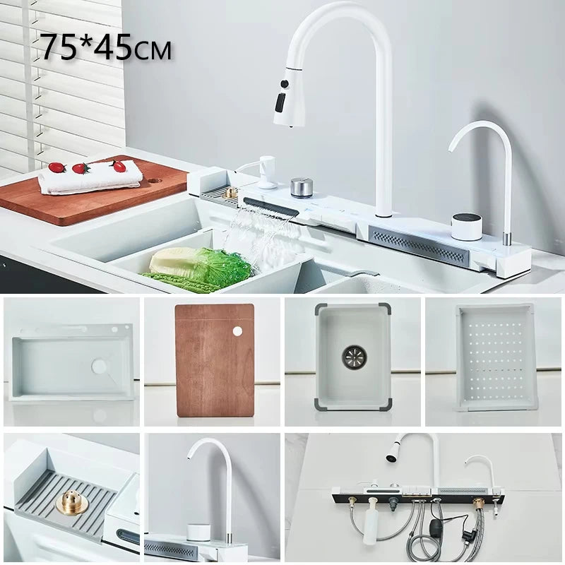 304 Stainless Steel Waterfall Kitchen Sink Large Single Slot Integrated Digital Display Faucet Set Soap Dispenser Cup Washer Home Fusion