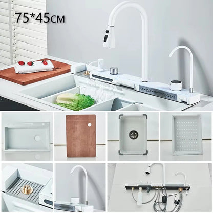 304 Stainless Steel Waterfall Kitchen Sink Large Single Slot Integrated Digital Display Faucet Set Soap Dispenser Cup Washer Home Fusion