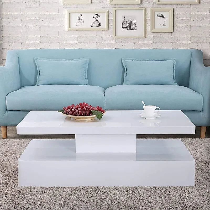 Modern LED Coffee Table 44 Inch, High Glossy Rectangler Center Table with LED Lights &2 Tier for Home Living Room - Home Fusion
