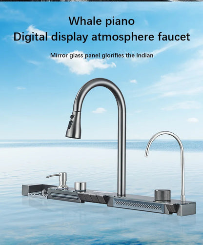 304 Stainless Steel Waterfall Kitchen Sink Large Single Slot Integrated Digital Display Faucet Set Soap Dispenser Cup Washer Home Fusion