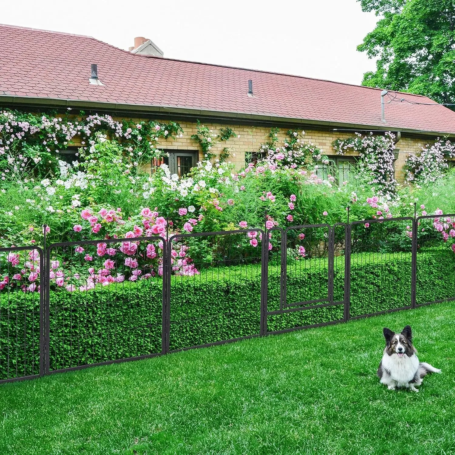 16 Panels 36ft×40in Decorative Garden Metal Fence with 2 Gates Outdoor Landscape Animal Barrier Dog Pet Fencing for Patio Yard - Home Fusion