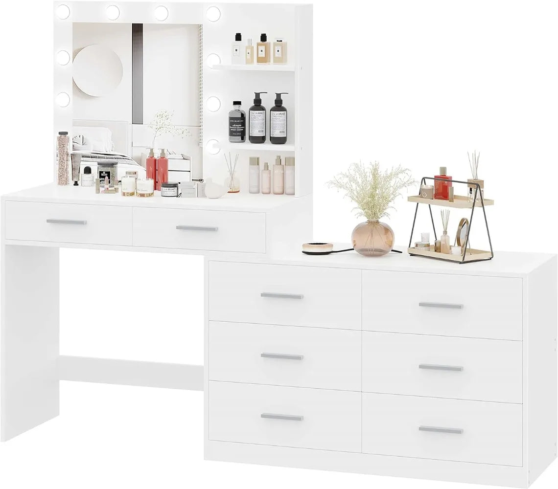 Rovaurx 65" W Makeup Vanity Desk with Mirror and 3-Color Lights, 8 Drawers Vanity Table with Side Storage Shelf, Dressing Table, - Home Fusion