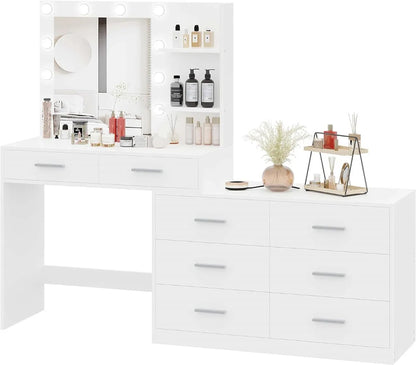 Rovaurx 65" W Makeup Vanity Desk with Mirror and 3-Color Lights, 8 Drawers Vanity Table with Side Storage Shelf, Dressing Table, - Home Fusion