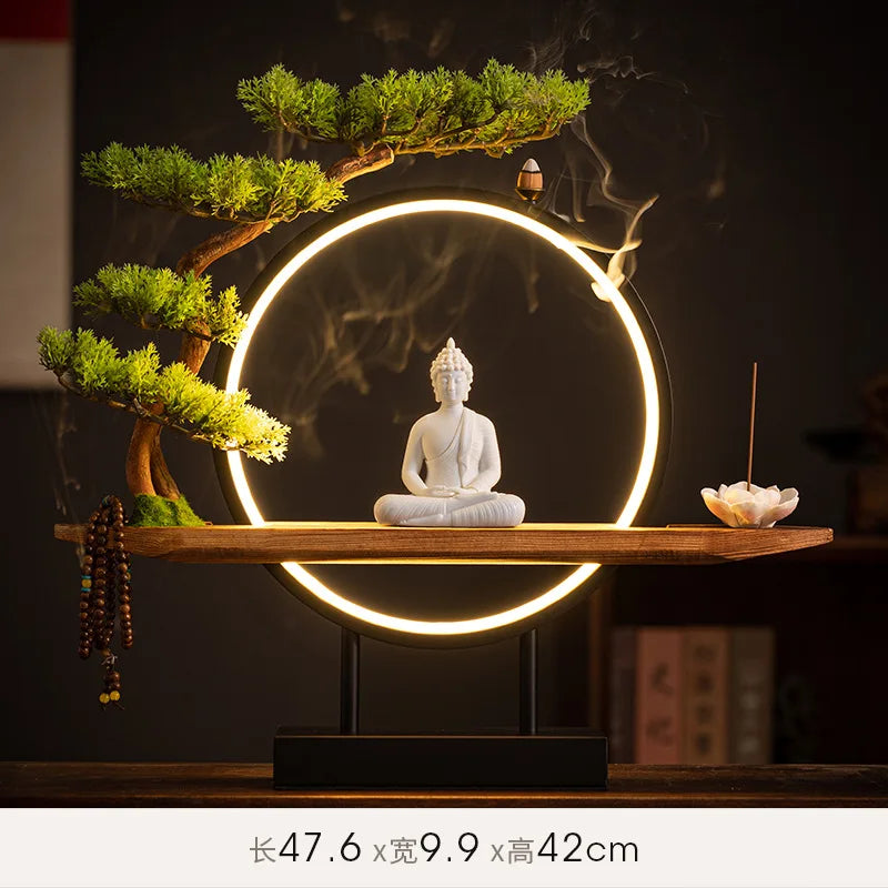 Sakyamuni Buddha Statue Large Buddhist statue Tathagata Buddha Figure Buddha Led ring light For Living Room Incense Porch - Home Fusion