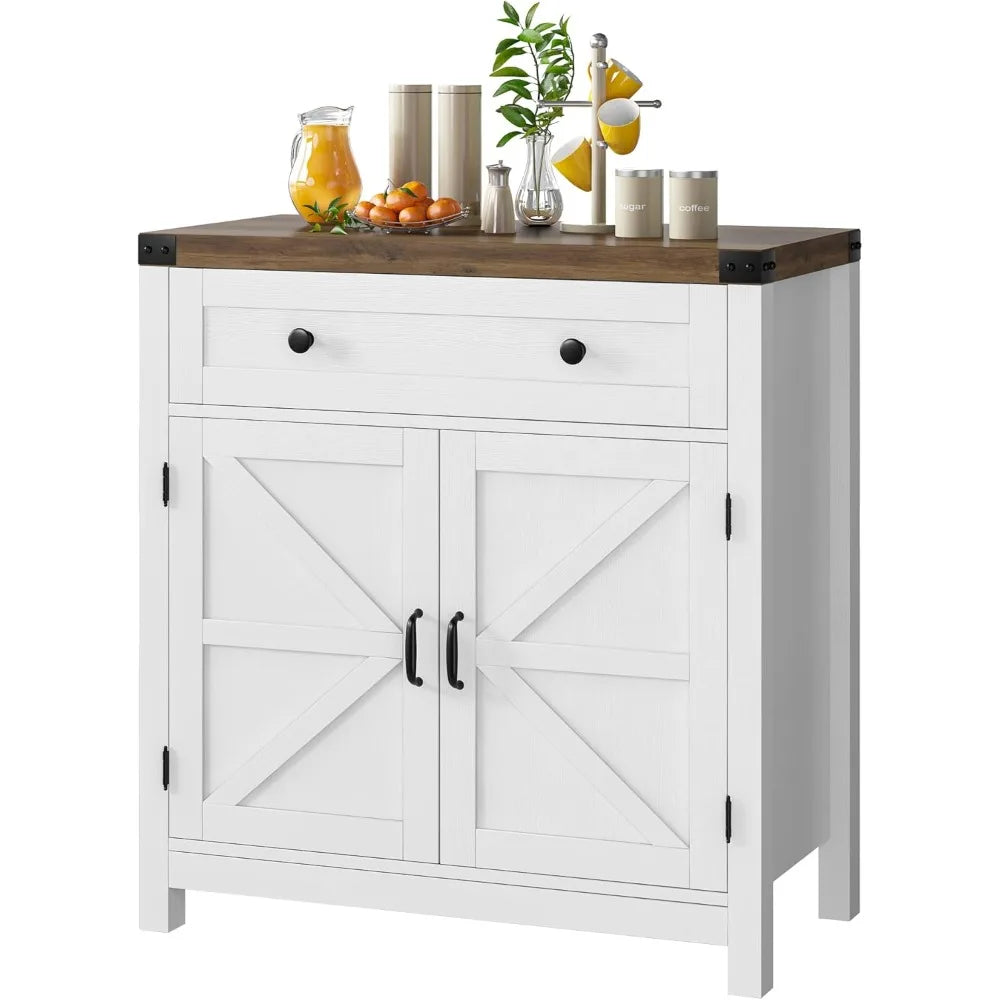 Modern Farmhouse Buffet Sideboard with Drawer and Adjustable Shelf, Barn Door Storage Cabinet forBathroom, Entryway - Home Fusion