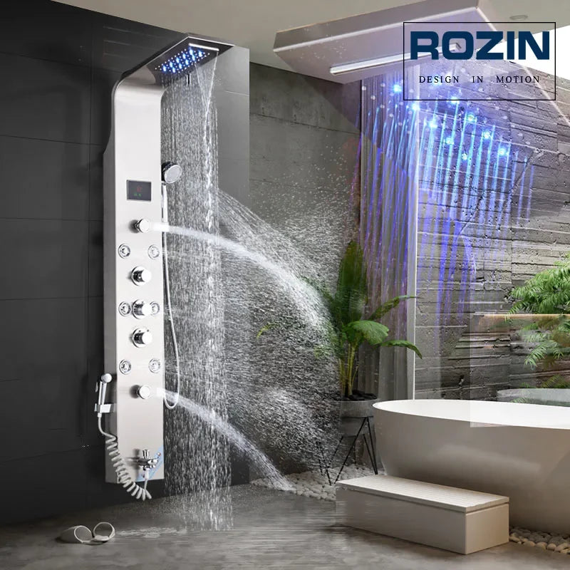 LED Light Bathroom Shower Panel Intelligent LCD Shower Column System with 6 Modes Rain Waterfall Massage Jet Bath Mixer Tap - Home Fusion