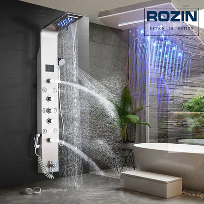 LED Light Bathroom Shower Panel Intelligent LCD Shower Column System with 6 Modes Rain Waterfall Massage Jet Bath Mixer Tap - Home Fusion