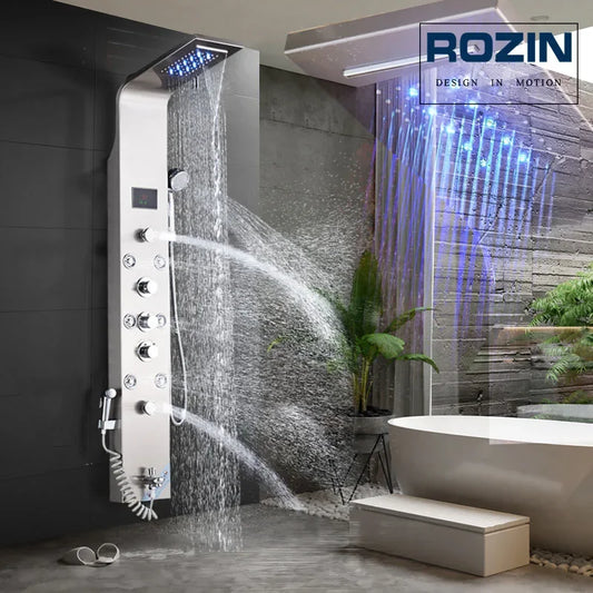 LED Light Bathroom Shower Panel Intelligent LCD Shower Column System with 6 Modes Rain Waterfall Massage Jet Bath Mixer Tap - Home Fusion