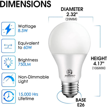 24-Pack A19 LED Light Bulb, 60 Watt Equivalent, Daylight 5000K, E26 Medium Base, Non-Dimmable LED Light Bulb - Home Fusion