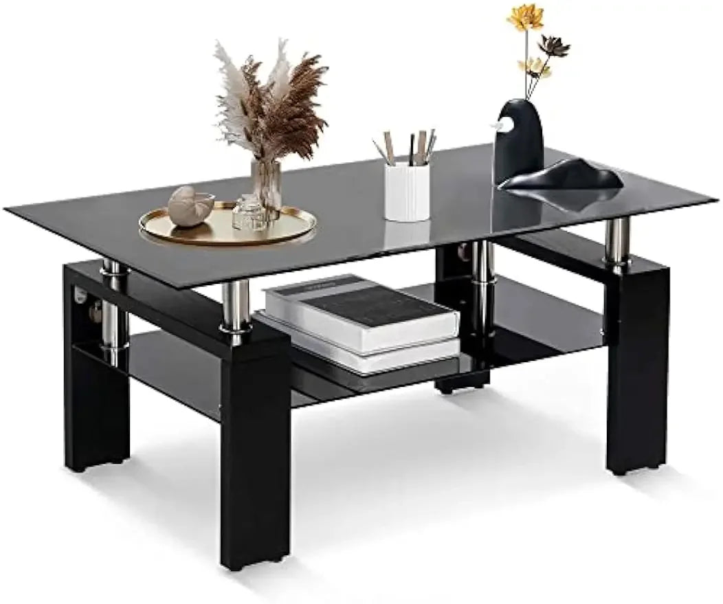 Comft Rectangle Side Glass Coffee Table, 2Tier Center Table Modern Black Side Coffee TableReception Room Office with Lower Shelf - Home Fusion