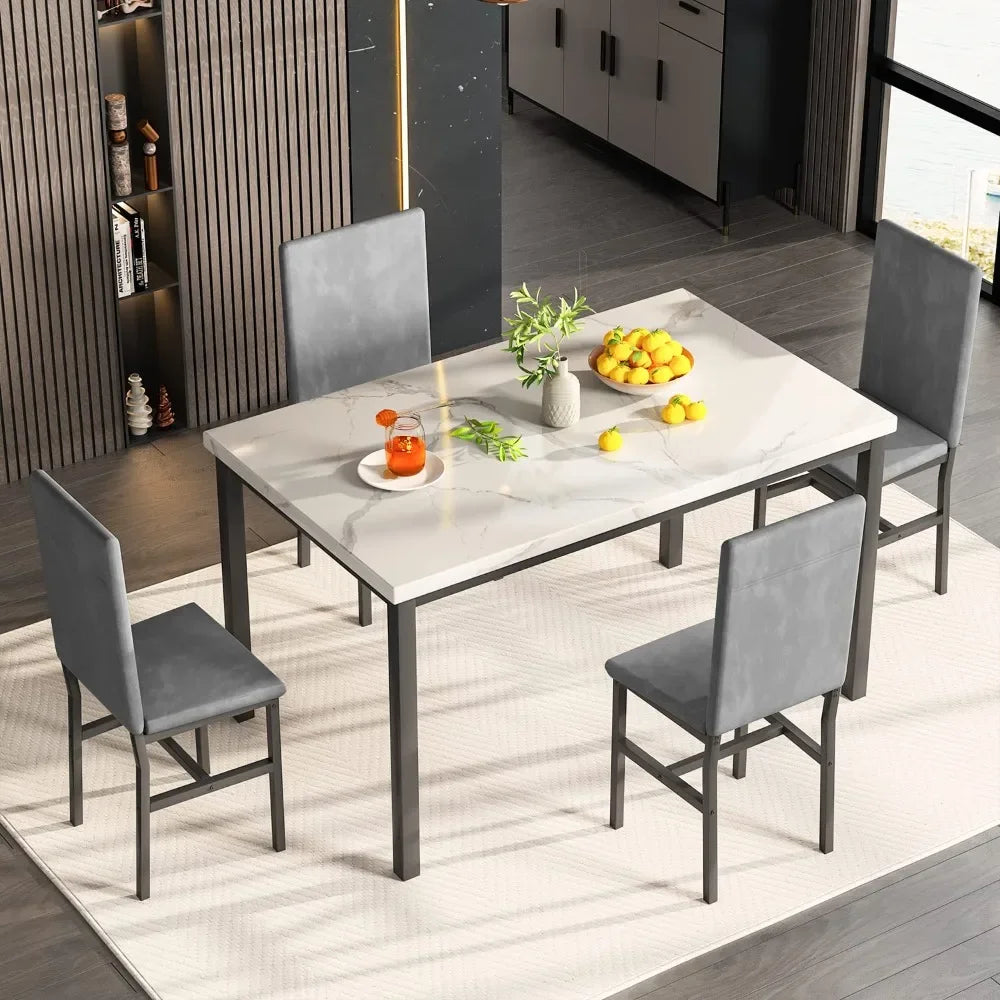 New Dining Table Set for 4 with 4 PU Leather Chairs,5-Piece Marble DiningTable Set with 4 Velvet Metal Frame Chairs for Kitchen - Home Fusion