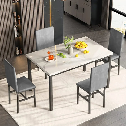New Dining Table Set for 4 with 4 PU Leather Chairs,5-Piece Marble DiningTable Set with 4 Velvet Metal Frame Chairs for Kitchen - Home Fusion