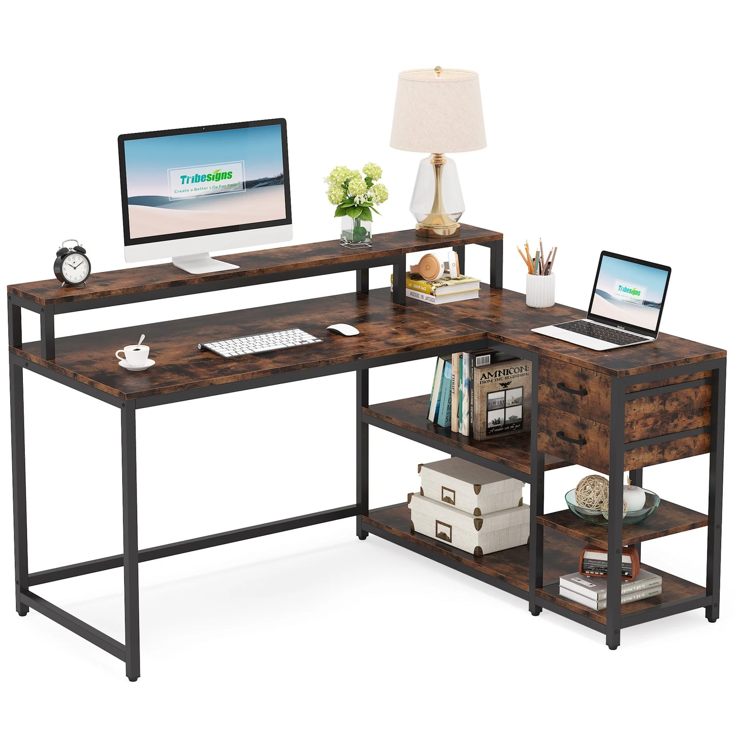 Tribesigns Reversible L Shaped Desk with Drawer, Industrial Corner Desk Home Office Table with Shelves and Monitor Stand - Home Fusion
