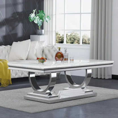 47" Rectangular Coffee Table, Modern White Faux Marble Cocktail Table, with Silver Mirrored Finish U-Shape Stainless Steel Base - Home Fusion