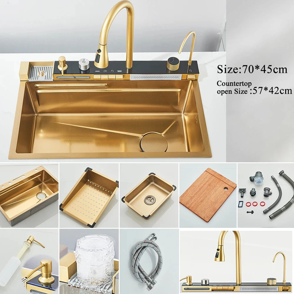 304 Stainless Steel Waterfall Kitchen Sink Large Single Slot Integrated Digital Display Faucet Set Soap Dispenser Cup Washer Home Fusion