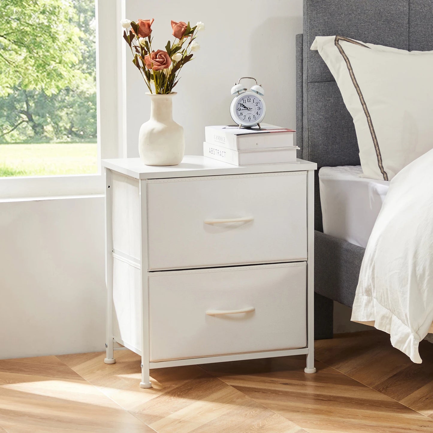 JHK Nightstand with 2 Fabric Drawers – Bedside Table & Storage Cabinet - Home Fusion