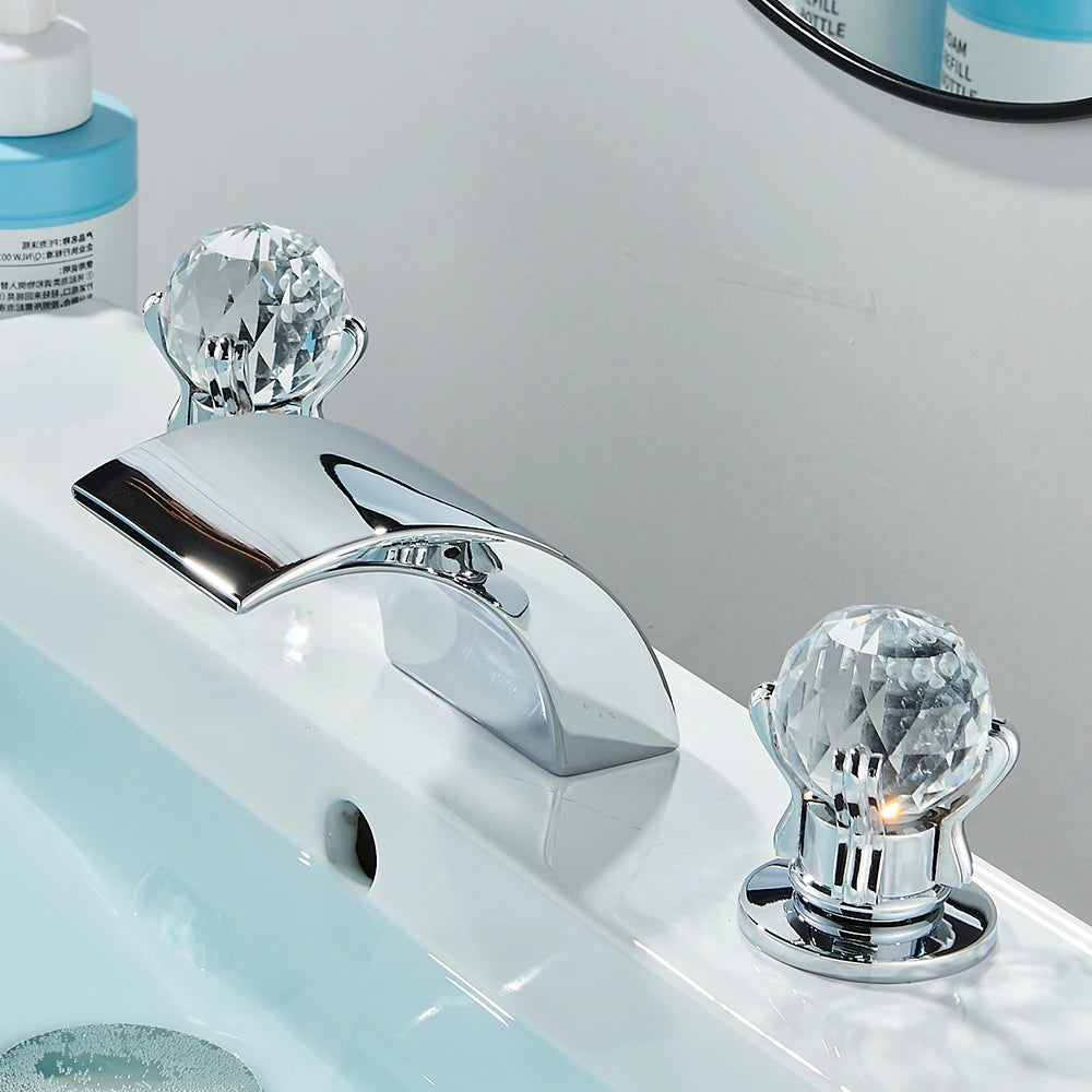 LED Widespread Bathroom Faucet Waterfall Gold Polished Lavatory Faucets Basin Mixer Tap 2 Crystal Knobs 3 Holes - Home Fusion