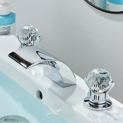 LED Widespread Bathroom Faucet Waterfall Gold Polished Lavatory Faucets Basin Mixer Tap 2 Crystal Knobs 3 Holes - Home Fusion