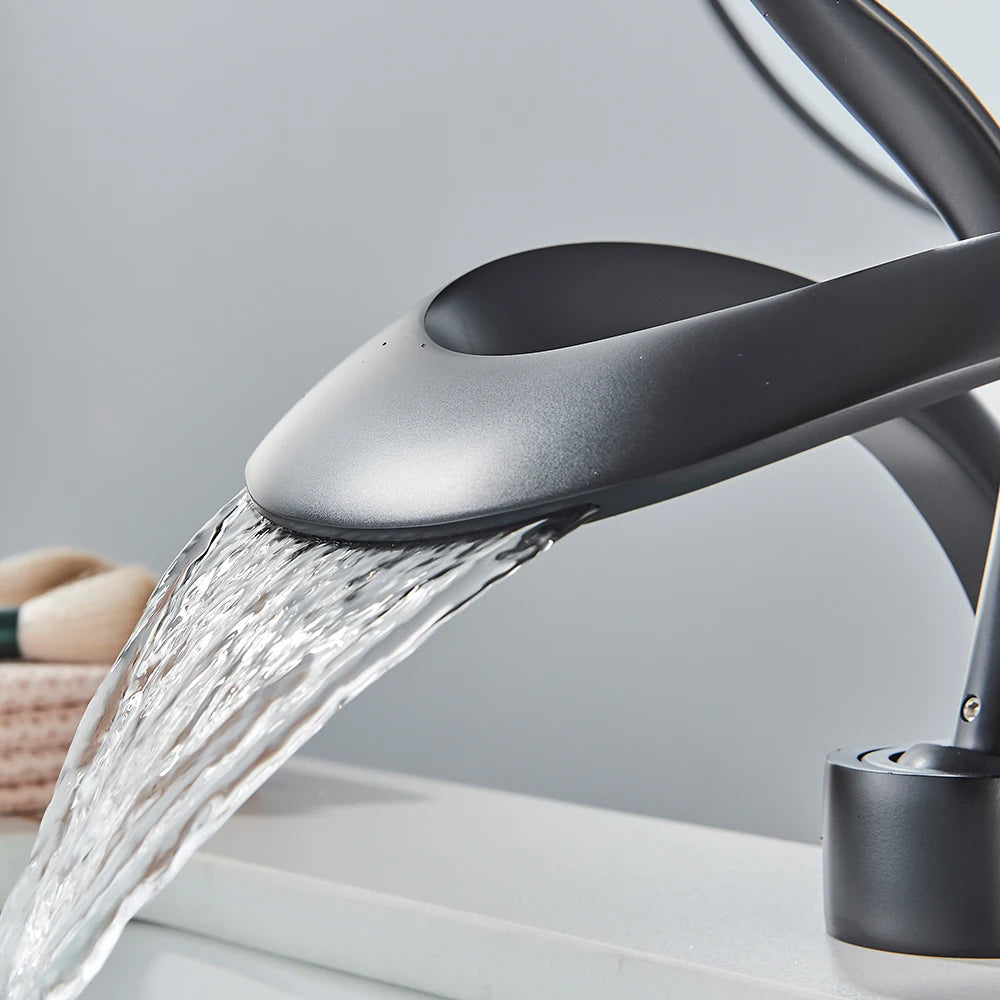 Rozin Luxury Black Basin Faucet Grey Bathroom Waterfall Mixer Tap Brass Deck Mount Modern Style Hot Cold Water Sink Mixer Crane - Home Fusion