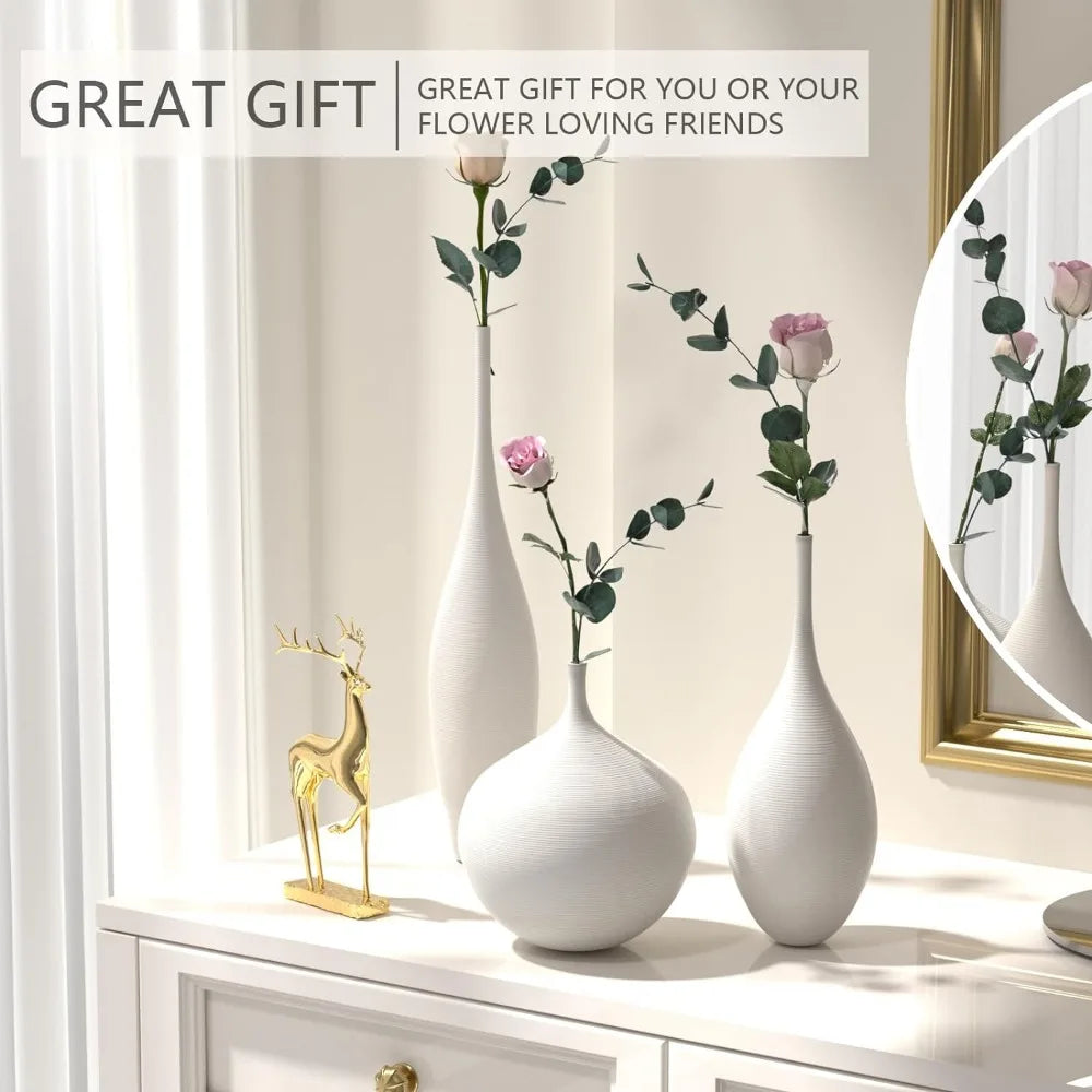 White Ceramic Vase Modern Boho Wabi-Sabi Flower Vase Set of 3 Decorative Aesthetic Vases for Centerpieces Pampas Matte - Home Fusion