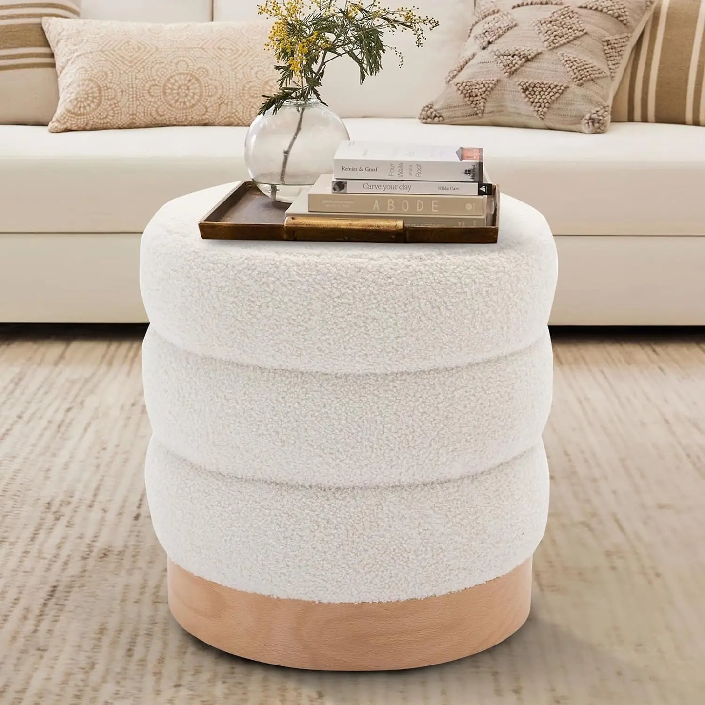 Velvet Ottoman Footstool, Tufted Modern Foot Rest Stool with Wood Base for Living Room, Bedroom, Desk, Round Versatile Side End - Home Fusion