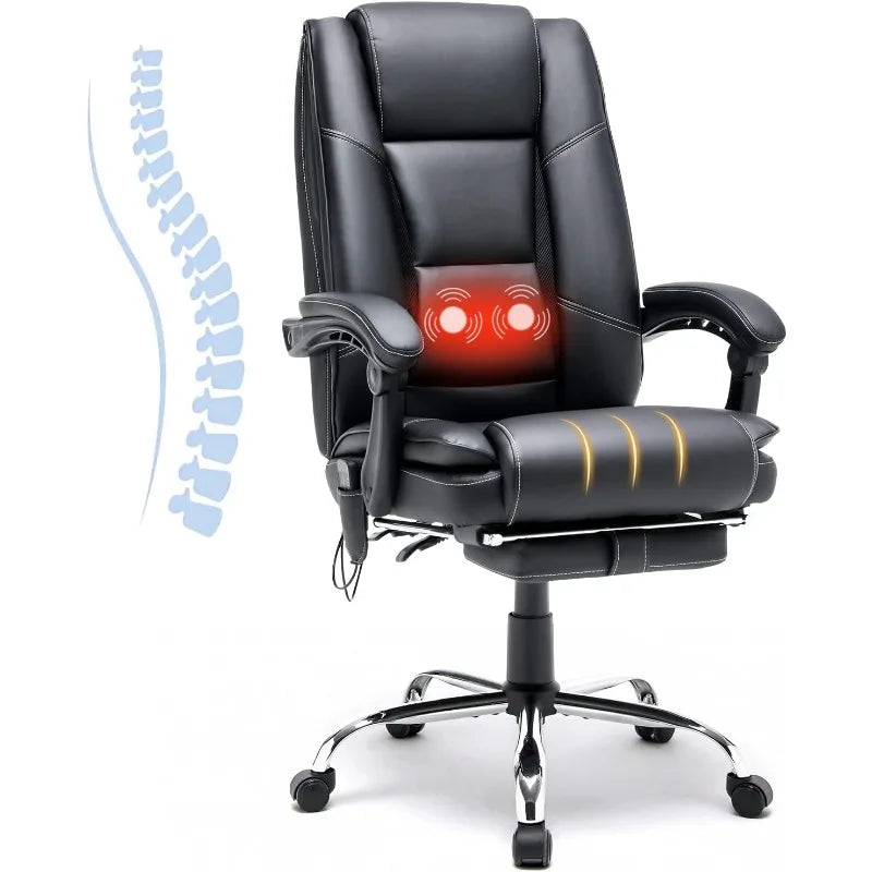 Ergonomic Executive Office Chair with Heated PU Leather Adjustable Height Reclining Massage Desk Chair with Foot Rest Armrest, - Home Fusion