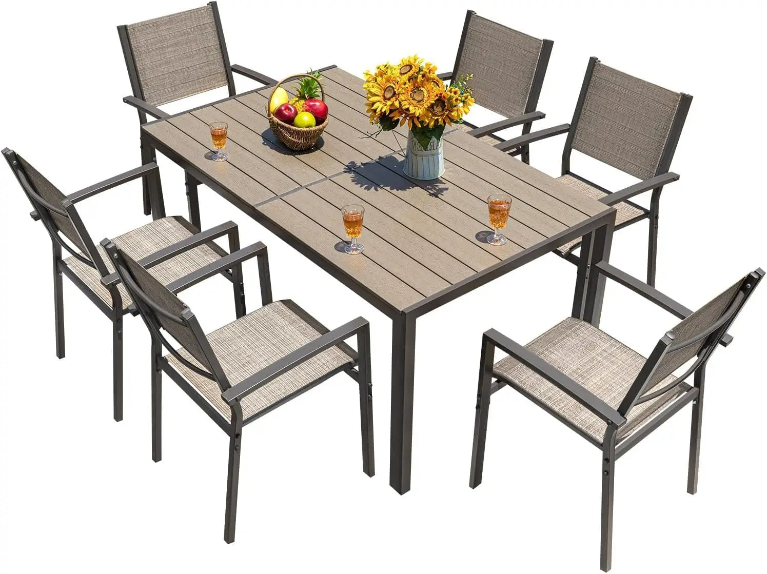 Patio Dining Set 7 Pieces Outdoor Furniture with Large Table and 6 Textilene Chairs for Porch, Brown - Home Fusion