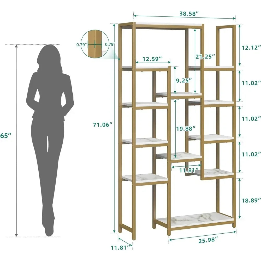 Home Decorations 6 Tier Gold Bookshelf Home Decor Items 71” Tall Modern Free Standing Bookshelf With 12 Shelf Bookcase Room Wall - Home Fusion