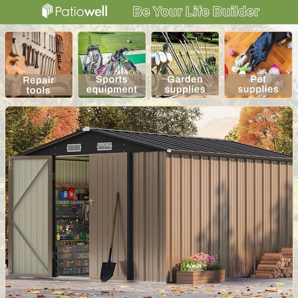 8x10 FT Outdoor Storage Shed, Large Garden Tool Metal Shed with Sloping Roof and Double Lockable Door,Outdoor Shed for Backyard - Home Fusion