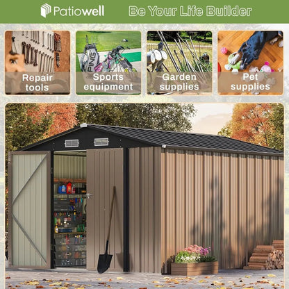 8x10 FT Outdoor Storage Shed, Large Garden Tool Metal Shed with Sloping Roof and Double Lockable Door,Outdoor Shed for Backyard - Home Fusion