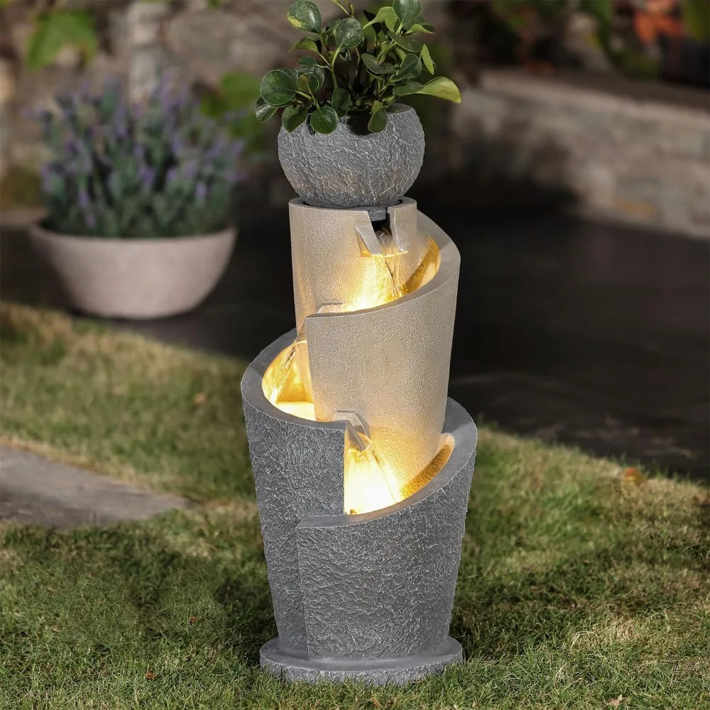 26.6" Resin Cascading Spiral Outdoor Patio Garden Fountain with Lights Waterfalls Backyard Deck Home Lawn Porch House Outdoor Home Fusion