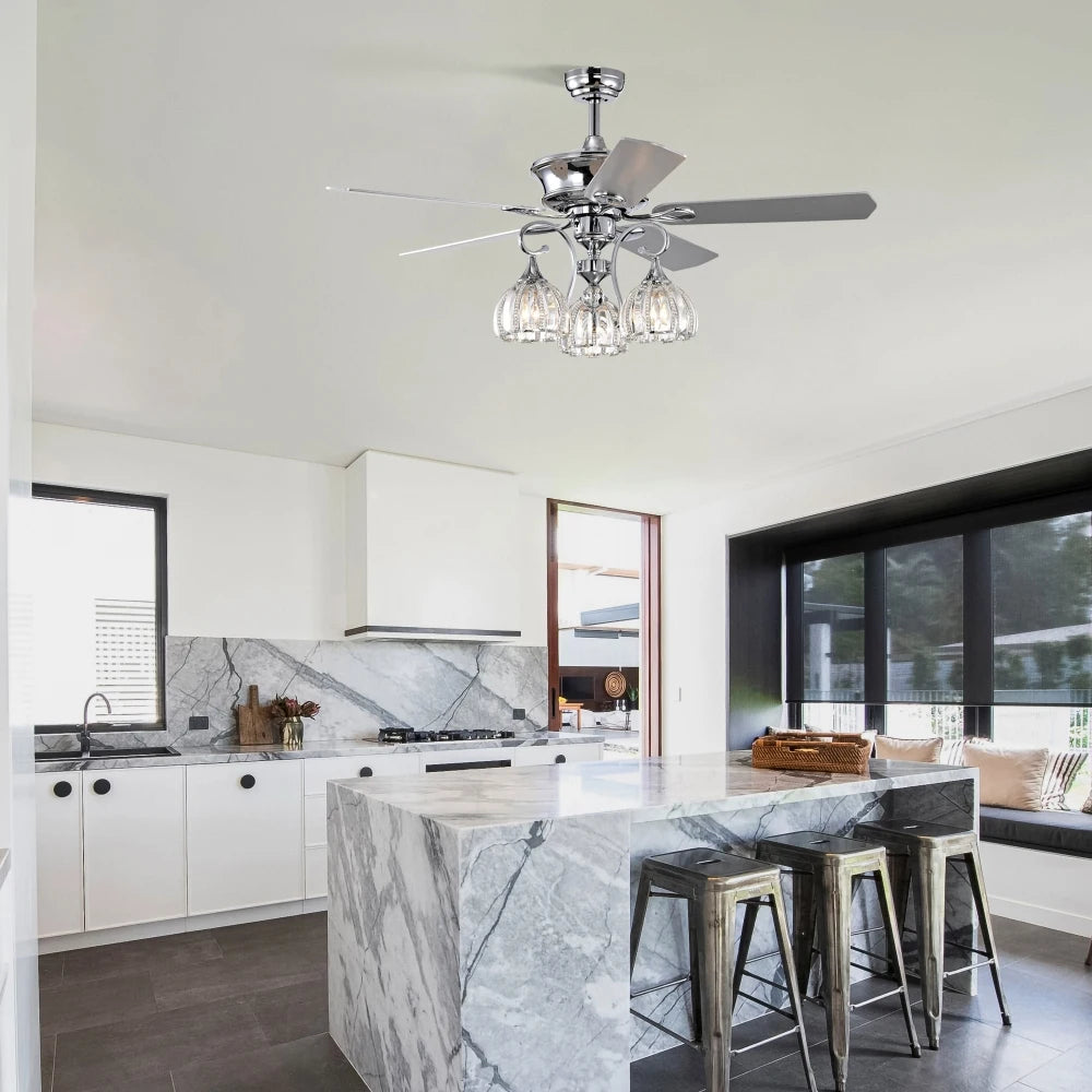 52''Crystal Ceiling Fan Lamp with Remote Control  3 Speed,5 Reversible Blades for Living Room,Dining Room,Bedroom - Home Fusion