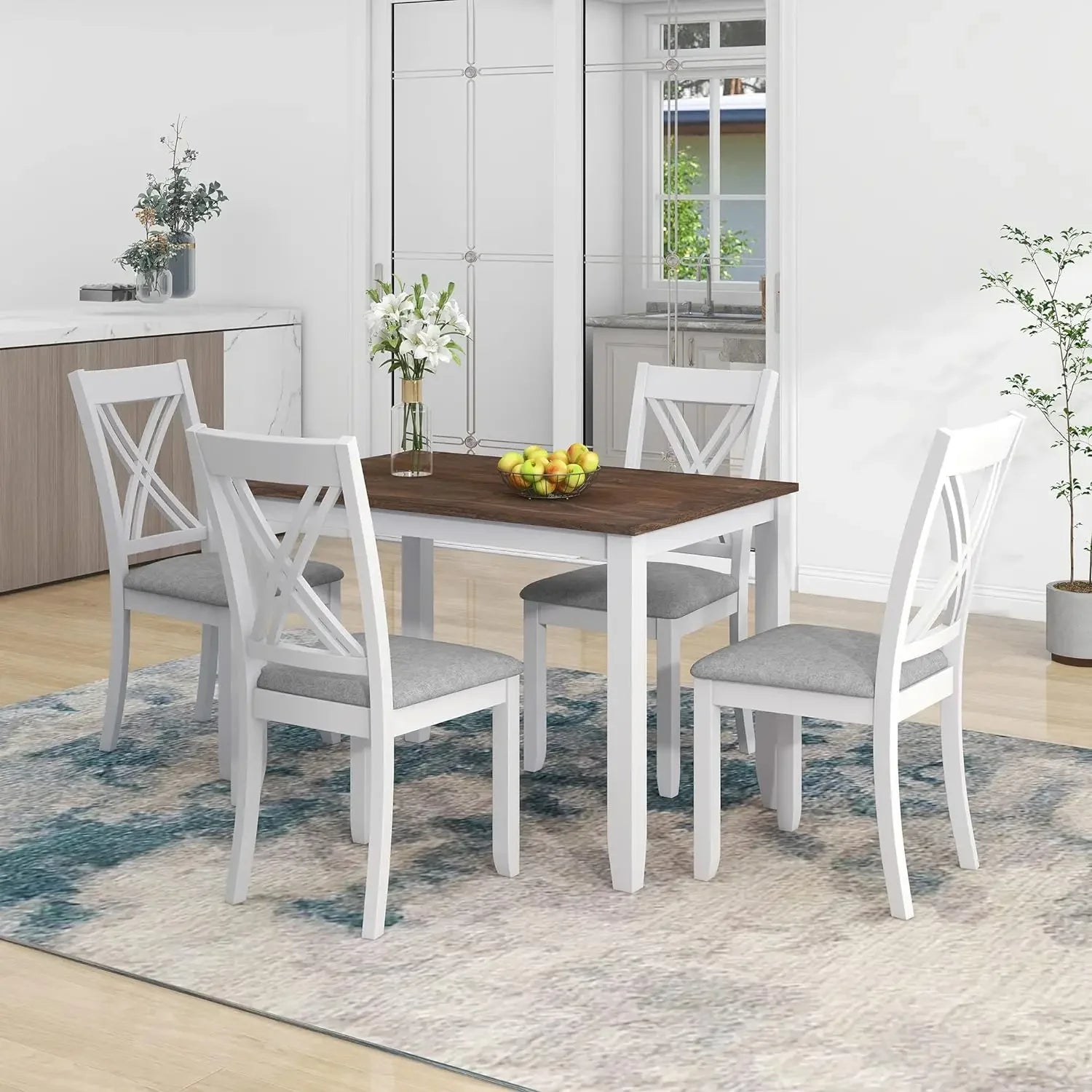 5 Piece Dining Room Table Set for Kitchen with Faux Marble Dining Table and 4 Upholstered-Seat Chairs,Living Room Furniture - Home Fusion