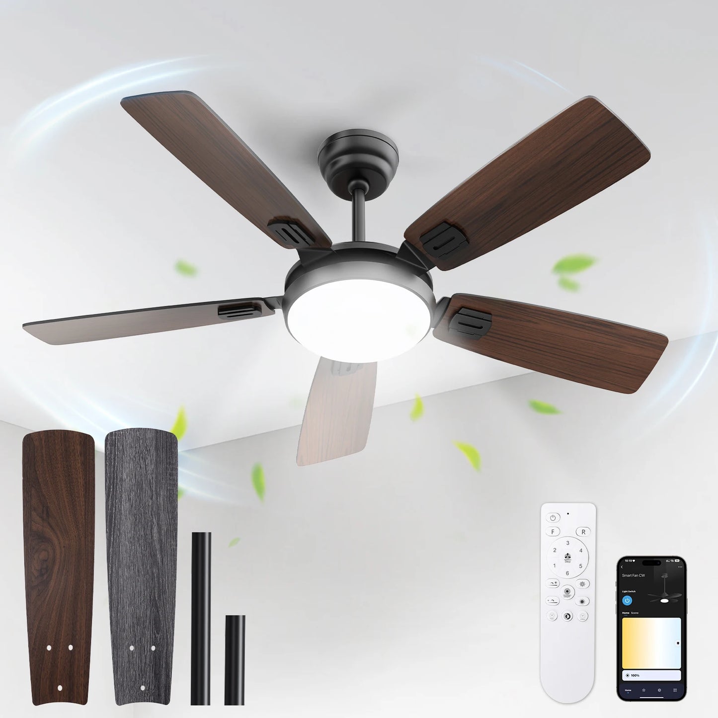 Modern Minimalist 5-Blade Ceiling Fan Light 42 /52 Black/White/Wood Grain Dimmable with Doodle App Ceiling Fan Light - Home Fusion